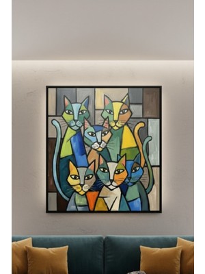 Safir Design Lüks Mavi ve Yeşil Soyut Kedi Figürlü Duvar Sanatı | Modern Çerçeveli Tablo