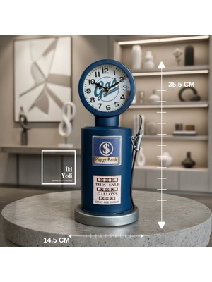 İki Yedi Konsept RK66 Mavi Retro Route 66 Benzin Pompası 35 cm Metal Masa Saati Nostaljik Hediyelik Ofis Hediyesi