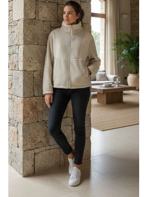 Otarzsenin Nap Kadın Ekru Fermuarlı Peluş Polar Ceket - Sherpa Kumaş