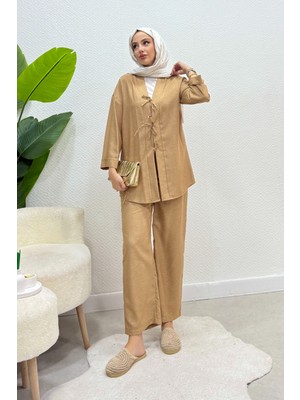 Tesettür Diyarı Vanila Bağlamalı Keten Kimono Takım- Vizon