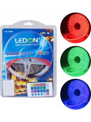Ledon LD-1606 Su Geçirmez 5 Metre Rgb Şerit LED Animasyon Devreli Adaptörlü Set 5050 3 Çipli Silikonlu