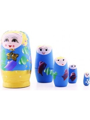Marsilyan Ahşap Tombul İç İçe Matruşka Bebek Mavi Set 5li Büyük Boy