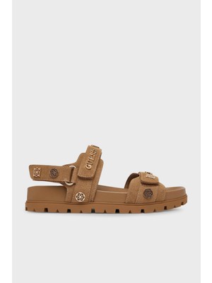 Guess Logolu Cırt Cırtlı Süet Dokulu Bayan Sandalet Kauçuk Tabanlı Kahverengi 38 Numara FLPFLOESU03