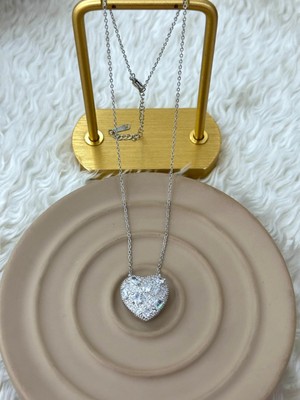 Septemmart Zirkon Taşlı Kararmaz Kalp Figürlü Gümüş Renk Ayarlanabilir Çelik Kolye