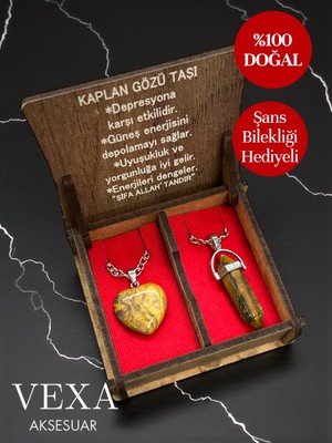 Vexa Aksesuar Çelik Doğaltaş Kaplan Gözü Taşı Çift Sevgili Kolyesi – Kalp & Kristal Uç – Şans Bilekliği Hediyeli