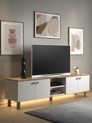Wood'n Love Nora Bohem Ledli Tv Ünitesi 180 cm 4 Kapaklı 2 Raflı Dolaplı Atlantik Çam / Beyaz