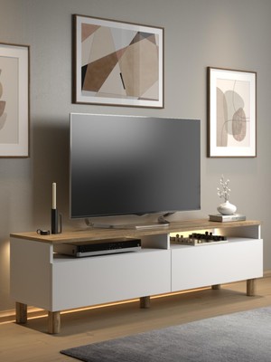 Wood'n Love Nora Bohem Ledli Tv Ünitesi 150 cm 2 Kapaklı 2 Raflı Dolaplı Atlantik Çam / Beyaz