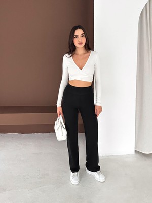 Elaxi Kadın Şardonlu Yüksek Bel Boru Paça Toparlayıcı Dalgıç Kumaş Pantolon