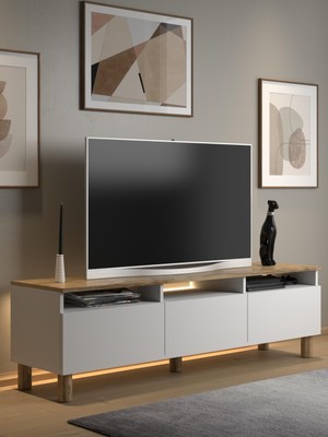 Wood'n Love Nora Bohem Ledli Tv Ünitesi 160 cm 3 Kapaklı 3 Raflı Dolaplı Atlantik Çam / Beyaz