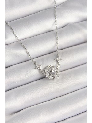 316L Çelik Gümüş Renk Zirkon Taşlı Hilal Kalp Model Kadın Kolye - TJ-BKO9929