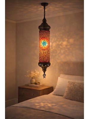 Oryantal Mozaik Cam Sarkıt Lamba – Dekoratif Tavan Aydınlatma | 45 cm Gövde – 80 cm Zincir Dahil