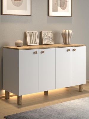Wood'n Love Nora Bohem Ledli Kahve Köşesi Dolabı Konsol Çok Amaçlı Dolap Mutfak Dolabı 120 cm 4 Kapaklı  Atlantik Çam / Beyaz