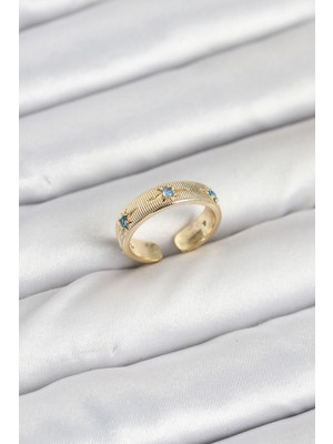 Pirinç Gold Renk Mavi Zirkon Taşlı Kutup Yıldızı Model Kadın Yüzük - TJ-BYK3896