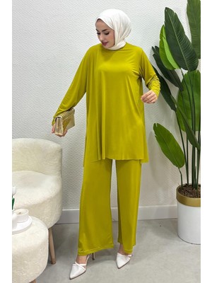 Tesettür Diyarı Düz Model Yazlık Ince Tril Tril Sendy Kumaş Takım Std Beden 38-44 Bedene Uyumlu-Yağ Yeşili