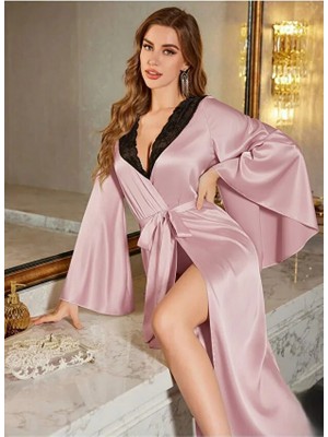 Jermo Kadın Omuz Dantel Detaylı Yarasa Kol Kemerli Uzun Tek Sabahlık