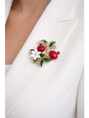 Modex Taşlı Yaprak ve Yonca Detay Nar Broş (4cm)