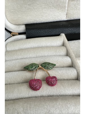 Modex Altın Sarısı Yeşil Yaprak Detay Kiraz Broş (4cm)