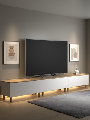Wood'n Love Nora Bohem Ledli Tv Ünitesi 300 cm 3 Kapaklı Dolaplı Atlantik Çam / Beyaz