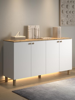 Wood'n Love Nora Bohem Ledli Konsol Çok Amaçlı Dolap Mutfak Dolabı 160 cm 4 Kapaklı  Atlantik Çam / Beyaz