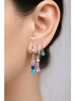 Sacce Scarves & Accessories Gümüş Renkli Zirkon Taşlı Çok Renkli Küpe Seti 3 Parça