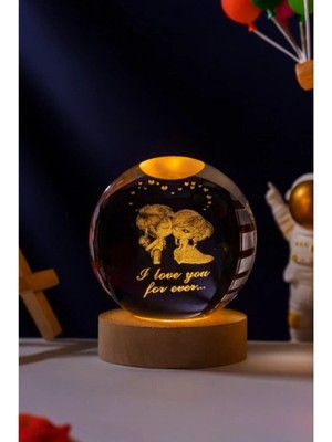 Marsilyan Romantik LED Işıklı Kristal Küre Lamba – "I Love You Forever" Tasarım – USB'li Ahşap Standlı