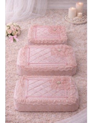 Hig Store 3'lü Broşlu Incili Fransız Güpür Çeyizlik Bohça Söz Nişan Gelin Damat Kadife Lüks Hurç Seti