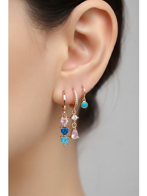 Sacce Scarves & Accessories Zirkon Taşlı Çok Renkli Küpe Seti 3 Parça