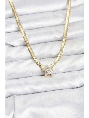 Gold Renk Pirinç Yıldız Zirkon Taşlı Kadın Kolye - TJ-BKO10793