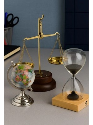 Marsilyan 3 Lü Masa Üstü Seti – Retro Terazi, Kum Saati, Cam Dünya Küre Dekoratif Ofis Hediyesi