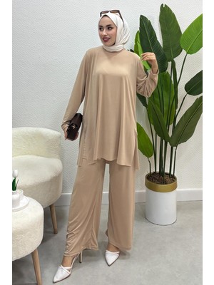 Tesettür Diyarı Düz Model Yazlık Ince Tril Tril Sendy Kumaş Takım Std Beden 38-44 Bedene Uyumlu-Bej