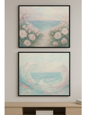 Safir Design Lüks Turkuaz ve Pembe Sahil ve Deniz Temalı 2li Modern Çerçeveli Tablo Seti