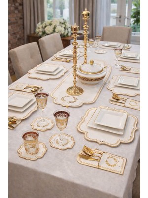 Karteya Krem Gold Nakışlı 6 Kişilik Runner ve Yemek Sunum Seti 19 Parça