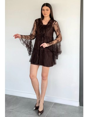 Gülseli Kadın Giyilebilir Astarlı Fırfırlı ve Tüllü Likralı Elbise P-00020385