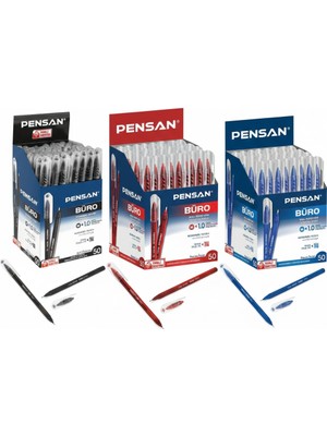 Pensan Büro 2270 Tükenmez Kalem 1.0 mm 3 Renk Seti - 50 Siyah + 50 Mavi + 50 Kırmızı - 3 Kutu (150 Adet)