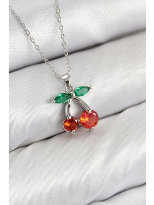Pirinç Zirkon Taşlı Kiraz Model Gümüş Renk Kadın Kolye - TJ-BKO10421