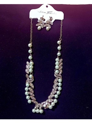 Kumi 14K Altın Kaplama Nişan Kına Düğün İnci ve Zirkon Taşlı Kolye Küpe Kadın Takı Seti Hediyelik