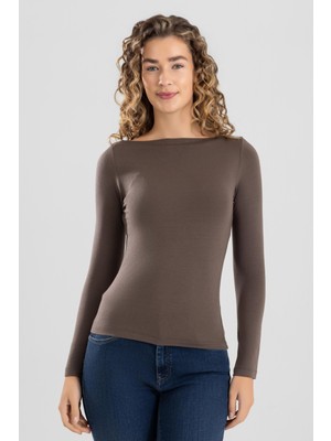 Baykar Kadın Modal Likralı Kayık Yaka Uzun Kollu Body 6318 Kahve