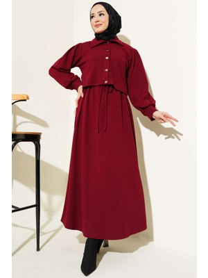 Tesettür Diyarı Beli Büzgülü Fitilli Jile Ceket Triko Takım- Bordo