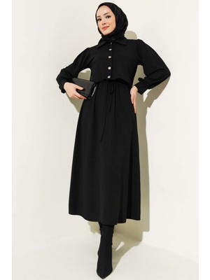 Tesettür Diyarı Beli Büzgülü Fitilli Jile Ceket Triko Takım- Siyah