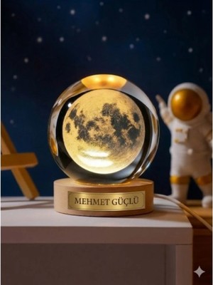 Marsilyan Kişiye Özel 3D Ay Küre Kristal Gün Işığı Led Gece Lambası – USB'li Ahşap Standlı LED Masa Lambası