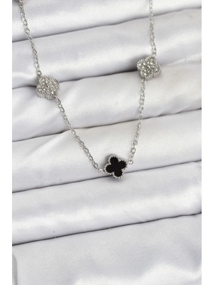 316L Çelik Zincir Gümüş Renk Siyah ve Zirkon Taşlı Baby Boy Yonca Kadın Kolye - TJ-BKO10591