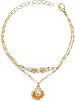 Klips Toptan Çift Zincir Istiridye Inci Detay Halhal