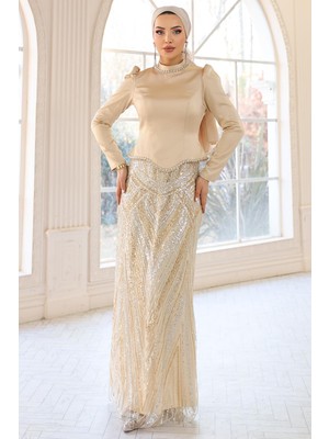 Olcay Taş Detaylı Payet ve Saten Kombinli Exclusive Tesettür Abiye Elbise Bej 1061