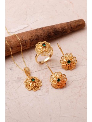 Sümer Telkari Taşlı Telkari Elişi Altın Kaplama 925 Ayar Gümüş Çiçek Set 2862