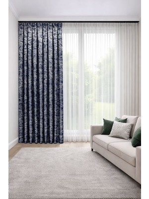 Perde Merkezi Champs Lacivert Bej Fon Perde Salon ve Misafir Odalarına Uygun 1/3 Sık Pileli Tek Kanat Lüks Modern Fon Perde