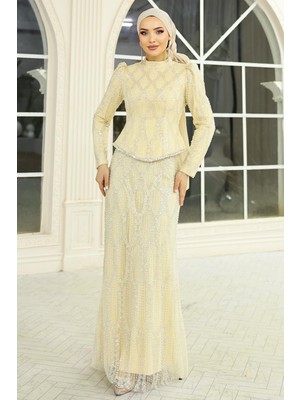 Olcay Inci ve Boncuk Bezeli Exclusive Tesettür Abiye Elbise Bej 1062