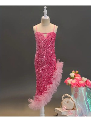 3b Kids Pembe Pullu Payetli Abiye Elbise Kız Çocuk Elbise Düğün Davet Organizasyon Doğum Günü Elbisesi