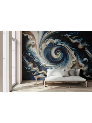 Grown 3D Akışkan Mavi ve Beyaz Soyut Duvar Kağıdı - Mutfak ve Banyo