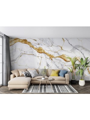 Grown Altın Damarlı Beyaz Mermer Desenli Duvar Kağıdı - Mutfak ve Banyo