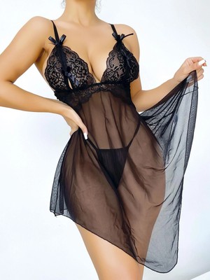 Dantel Işlemeli Kurdelalı Fantezi Siyah Gecelik Takımı